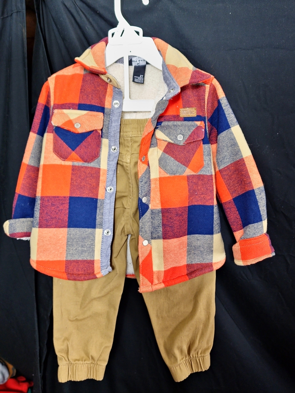 Eddie Bauer Orange, Navy & Cream Plaid Hooded Shirt Jacket Size 2T